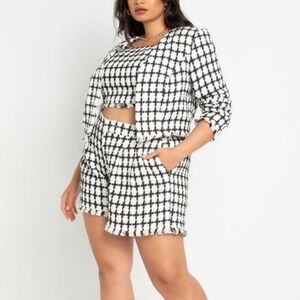 Eloquii White Black Checkboard Tweed Fringe Hem Shorts Size 16